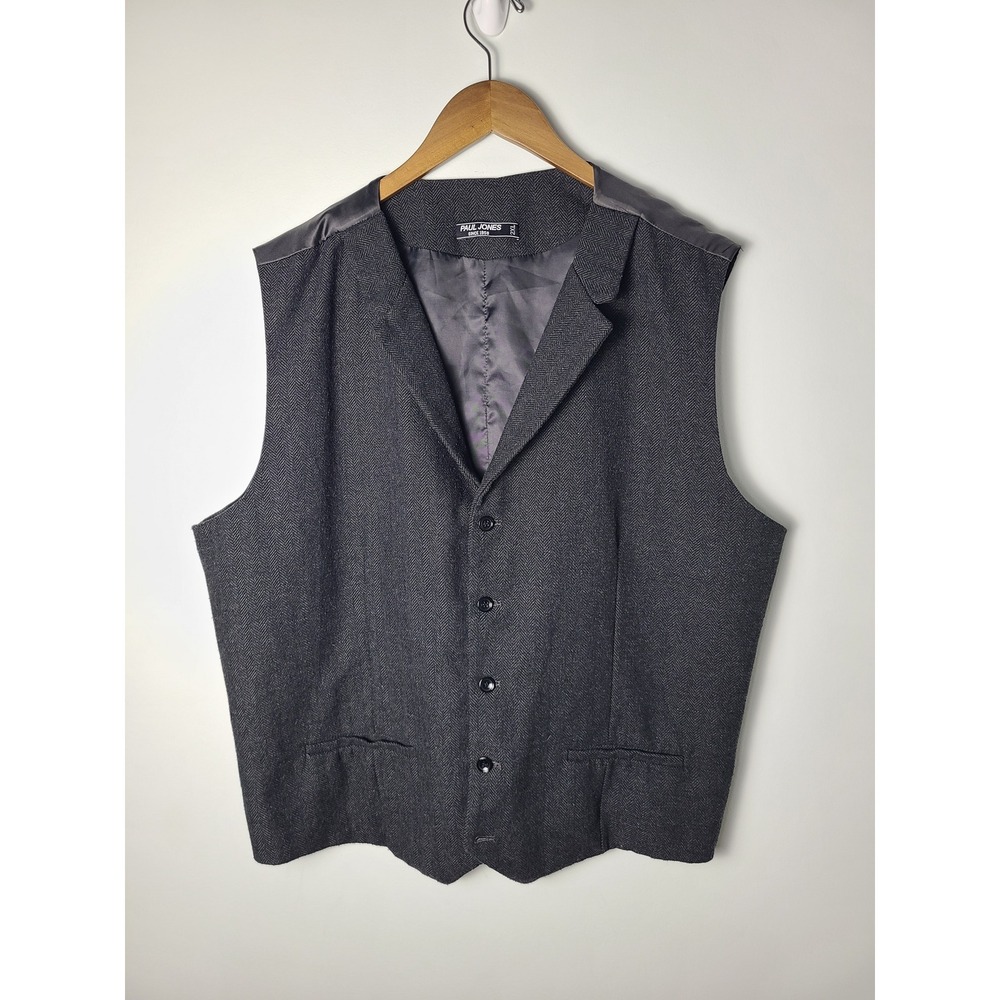 Set of 2 Paul 2XL Jones Men Herringbone Wool Blend Waistcoat Vest Gray Lapel Vtg